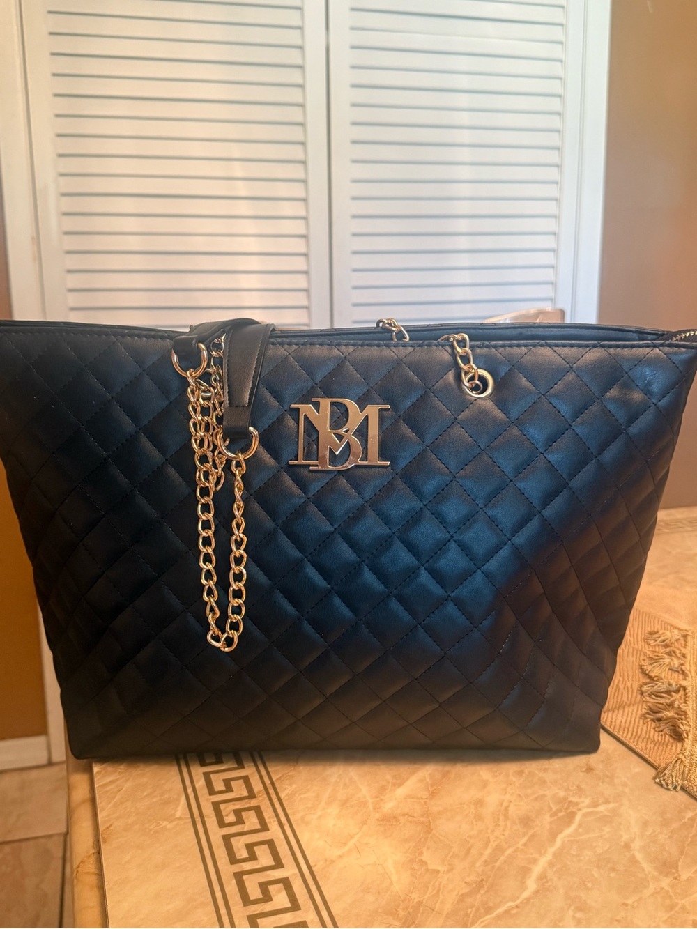 Badgley Mischka Black Quilted Tote with Gold Chain Detail
